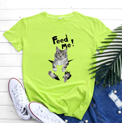 JFUNCY Dámske bavlnené tričko s krátkym rukávom, letný top, nadrozmerné tričko, dámske oblečenie, kórejská móda, ženské tričko s grafikou mačky