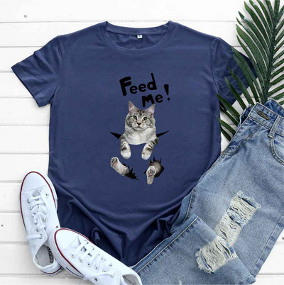 JFUNCY Dámske bavlnené tričko s krátkym rukávom, letný top, nadrozmerné tričko, dámske oblečenie, kórejská móda, ženské tričko s grafikou mačky