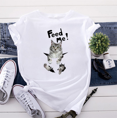 JFUNCY Dámske bavlnené tričko s krátkym rukávom, letný top, nadrozmerné tričko, dámske oblečenie, kórejská móda, ženské tričko s grafikou mačky