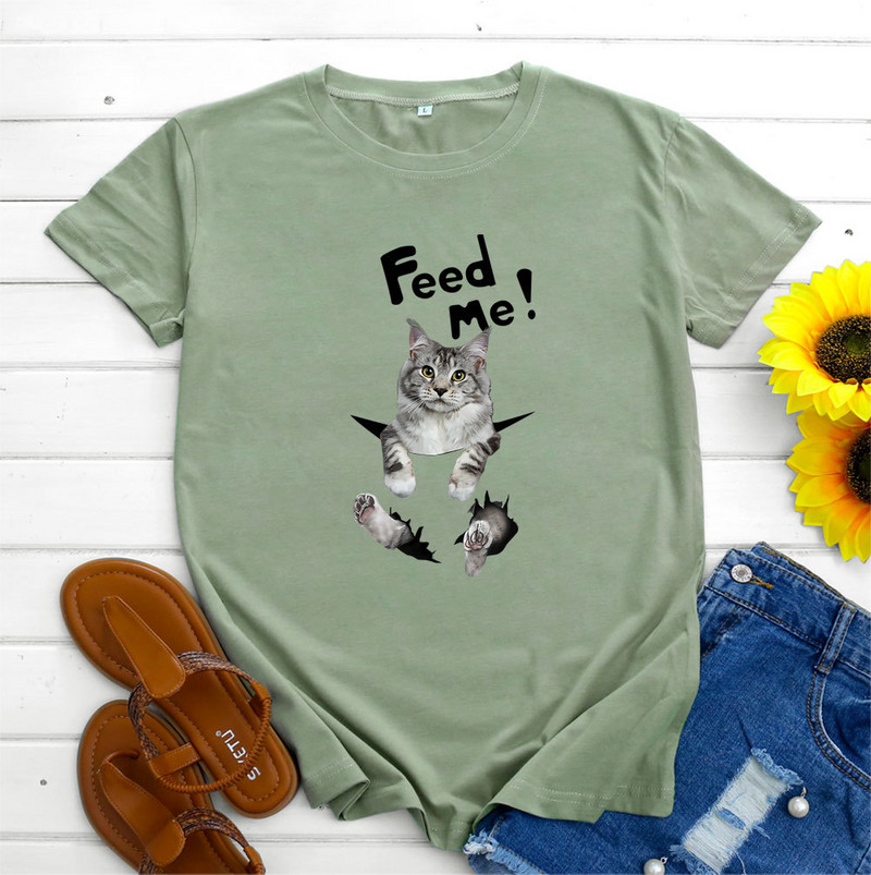 JFUNCY Dámske bavlnené tričko s krátkym rukávom, letný top, nadrozmerné tričko, dámske oblečenie, kórejská móda, ženské tričko s grafikou mačky