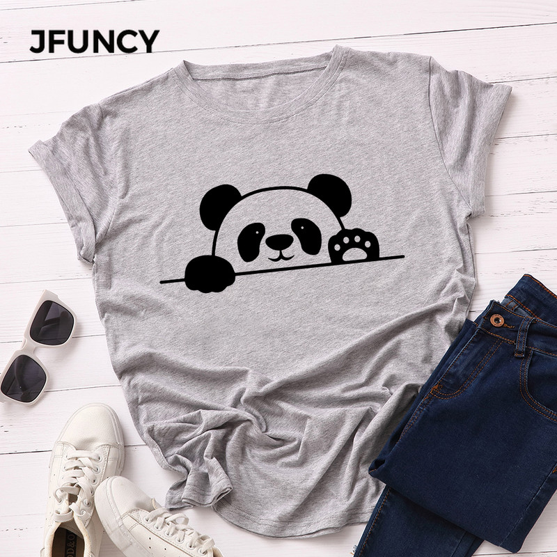 JFUNCY S-5XL tricou din bumbac pentru femei cu imprimeu panda tricou casual pentru dama, vara 2022, tricouri supradimensionate, tricou cu mânecă scurtă pentru femei