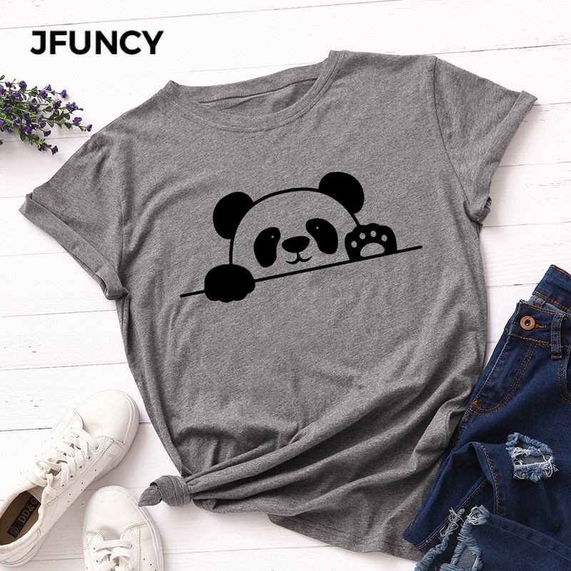JFUNCY S-5XL tricou din bumbac pentru femei cu imprimeu panda tricou casual pentru dama, vara 2022, tricouri supradimensionate, tricou cu mânecă scurtă pentru femei