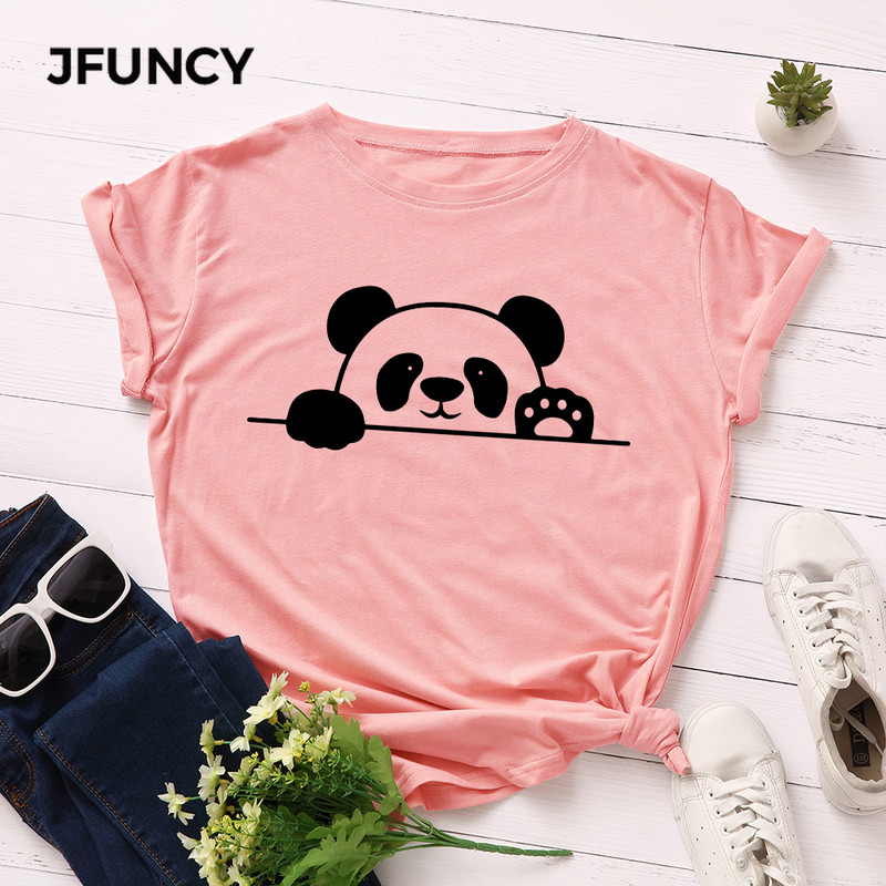 JFUNCY S-5XL tricou din bumbac pentru femei cu imprimeu panda tricou casual pentru dama, vara 2022, tricouri supradimensionate, tricou cu mânecă scurtă pentru femei