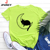 JFUNCY Tricou supradimensionat Top Femei Tricou din bumbac de vară Tricou cu mânecă scurtă Kawaii Tricou grafic cu pisică coreeană Îmbrăcăminte feminină