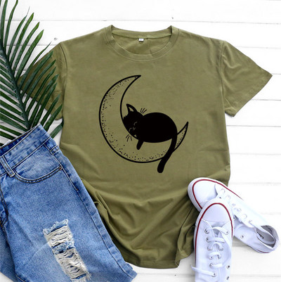 JFUNCY Tricou supradimensionat Top Femei Tricou din bumbac de vară Tricou cu mânecă scurtă Kawaii Tricou grafic cu pisică coreeană Îmbrăcăminte feminină