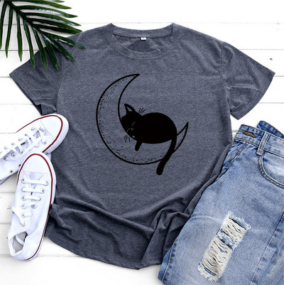 JFUNCY Tricou supradimensionat Top Femei Tricou din bumbac de vară Tricou cu mânecă scurtă Kawaii Tricou grafic cu pisică coreeană Îmbrăcăminte feminină