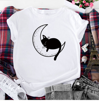 JFUNCY Tricou supradimensionat Top Femei Tricou din bumbac de vară Tricou cu mânecă scurtă Kawaii Tricou grafic cu pisică coreeană Îmbrăcăminte feminină
