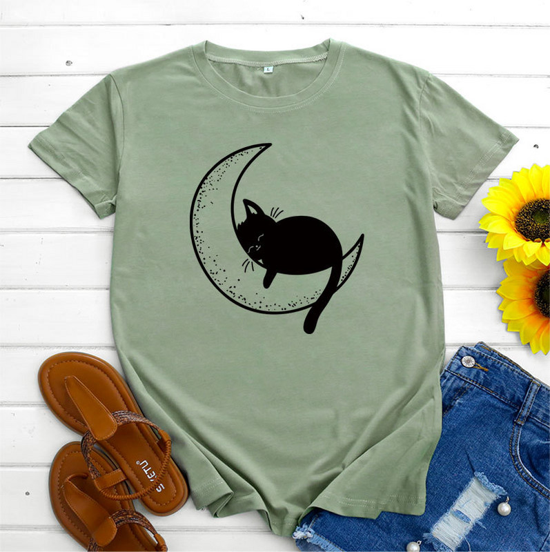 JFUNCY Tricou supradimensionat Top Femei Tricou din bumbac de vară Tricou cu mânecă scurtă Kawaii Tricou grafic cu pisică coreeană Îmbrăcăminte feminină