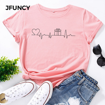 JFUNCY 100 % medvilnės moteriški marškinėliai EKG širdies dovanų spauda moteriški marškinėliai, moteriški palaidinės trumpomis rankovėmis, kasdieniai grafiniai marškinėliai