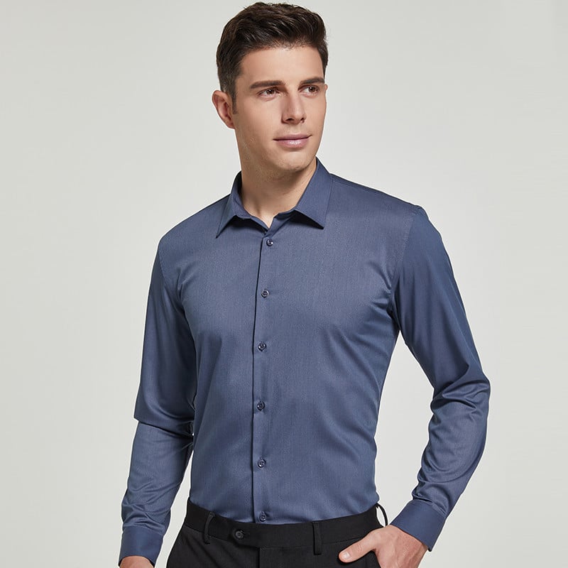 Vyriški ilgomis rankovėmis elastingi bambuko pluošto nesiglamžantys marškiniai be kišenių, standartiniai verslo darbo biuro marškiniai, lengvai prižiūrimi