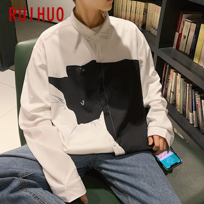 Kaķu apdruka Vīriešu krekli vīriešiem Apģērbi Korejas stila vīriešu krekls ar garām piedurknēm Harajuku krekls Korejas apģērbi 5XL 2023. gada pavasaris