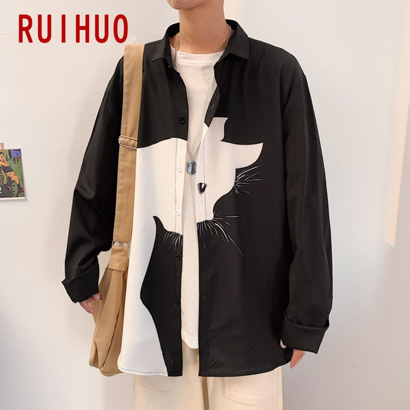 Kaķu apdruka Vīriešu krekli vīriešiem Apģērbi Korejas stila vīriešu krekls ar garām piedurknēm Harajuku krekls Korejas apģērbi 5XL 2023. gada pavasaris