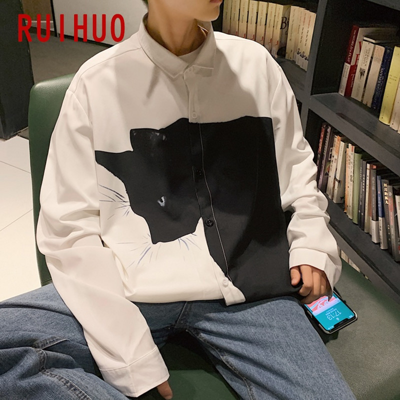 Kaķu apdruka Vīriešu krekli vīriešiem Apģērbi Korejas stila vīriešu krekls ar garām piedurknēm Harajuku krekls Korejas apģērbi 5XL 2023. gada pavasaris