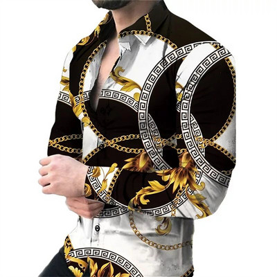 Férfi party alkalmi felső luxus szociális férfi ing hajtóka gombos ing kék sárga mintás hosszú ujjú ing utcai ruházat