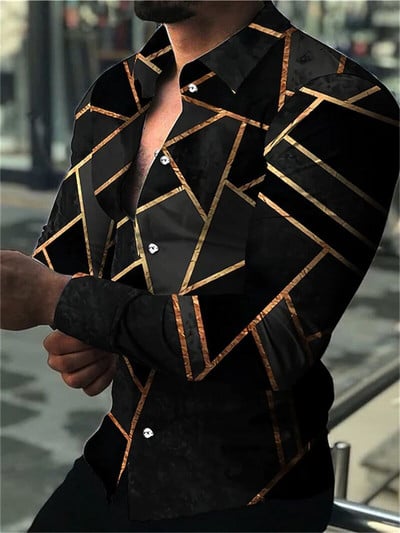 Férfi party alkalmi felső luxus szociális férfi ing hajtóka gombos ing kék sárga mintás hosszú ujjú ing utcai ruházat