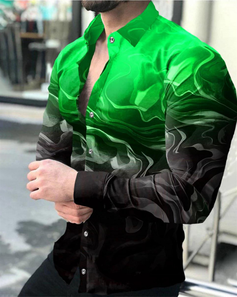 Férfi party alkalmi felső luxus szociális férfi ing hajtóka gombos ing kék sárga mintás hosszú ujjú ing utcai ruházat