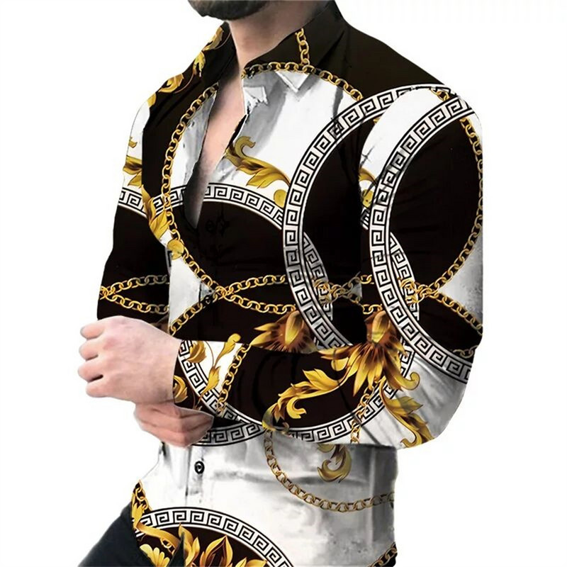 Férfi party alkalmi felső luxus szociális férfi ing hajtóka gombos ing kék sárga mintás hosszú ujjú ing utcai ruházat