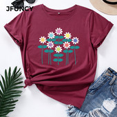 JFUNCY S-5XL Γυναικείο καλοκαιρινό μπλουζάκι Creative Flowers Print Tees Κοντό μανίκι Γυναικείο μπλουζάκι 100% βαμβακερό γυναικείο μπλουζάκι