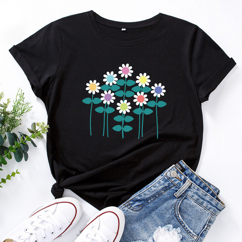 JFUNCY S-5XL Γυναικείο καλοκαιρινό μπλουζάκι Creative Flowers Print Tees Κοντό μανίκι Γυναικείο μπλουζάκι 100% βαμβακερό γυναικείο μπλουζάκι