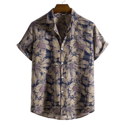 Meeste vintage nööpidega linased särgid Slim Fit lühikeste varrukatega Hawaii lilleline särk Meeste vabaaja Harajuku tänavarõivad Camisas Homme XXL