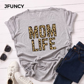JFUNCY 100% βαμβακερό καλοκαιρινό μπλουζάκι Leopard MOM LIFE εμπριμέ γυναικείο μπλουζάκι κοντομάνικο γυναικείο μπλουζάκι γυναικείο μπλουζάκι