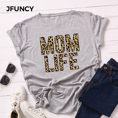 JFUNCY 100% памучна лятна тениска Leopard MOM LIFE Дамска тениска с къс ръкав Дамска тениска Дамска тениска