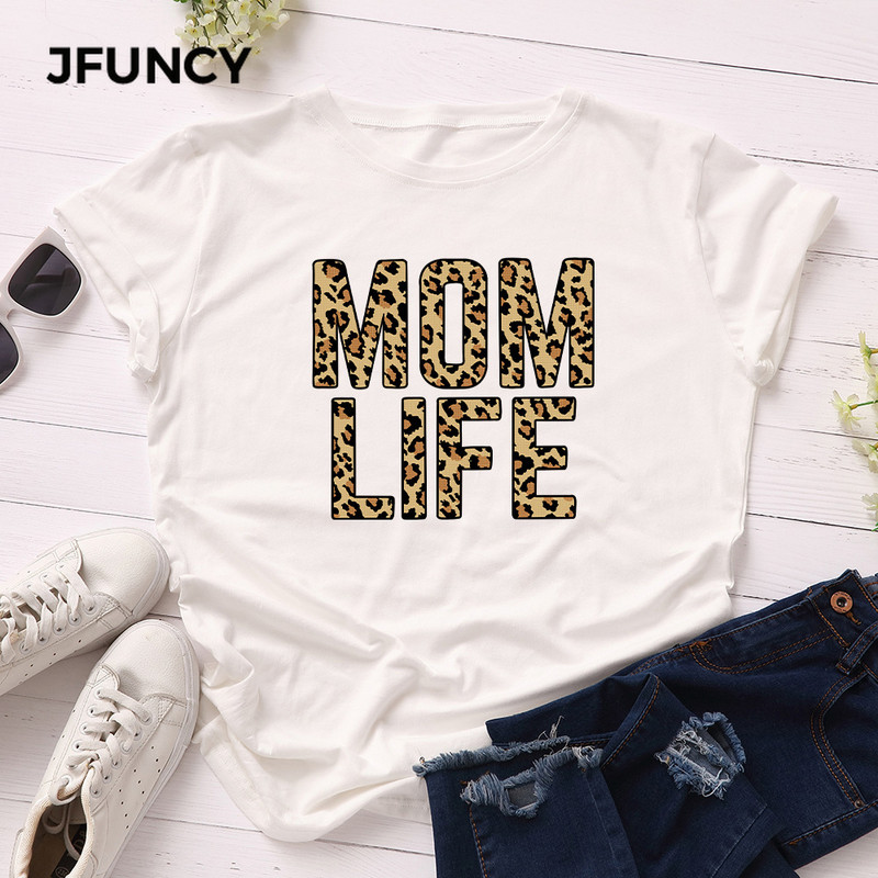 JFUNCY 100% βαμβακερό καλοκαιρινό μπλουζάκι Leopard MOM LIFE εμπριμέ γυναικείο μπλουζάκι κοντομάνικο γυναικείο μπλουζάκι γυναικείο μπλουζάκι