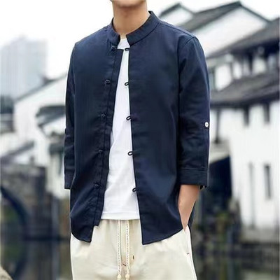 Kineski stil, muška jednobojna kimono košulja s dugmadima, kardigan, tradicionalni retro samostojeći ovratnik, široki kaput, jakna, ležerne košulje