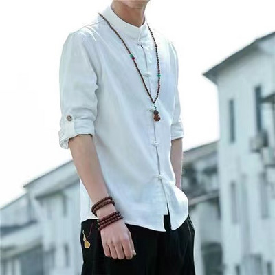 Kineski stil, muška jednobojna kimono košulja s dugmadima, kardigan, tradicionalni retro samostojeći ovratnik, široki kaput, jakna, ležerne košulje