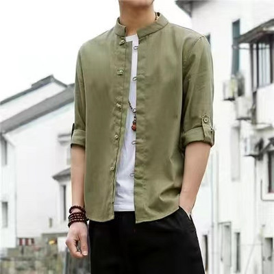 Kineski stil, muška jednobojna kimono košulja s dugmadima, kardigan, tradicionalni retro samostojeći ovratnik, široki kaput, jakna, ležerne košulje