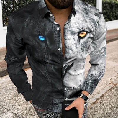 Модна мъжка риза с отложна яка Ежедневни ризи Черно-бели горнища с дълъг ръкав с щампа на лъв Мъжко облекло Улично облекло Жилетка