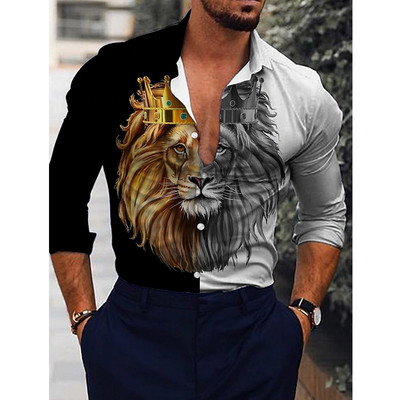 Modna muška košulja s otvorenim ovratnikom, ležerne košulje, crno-bijele majice s printom lavova, dugih rukava, muška odjeća, ulični kardigan