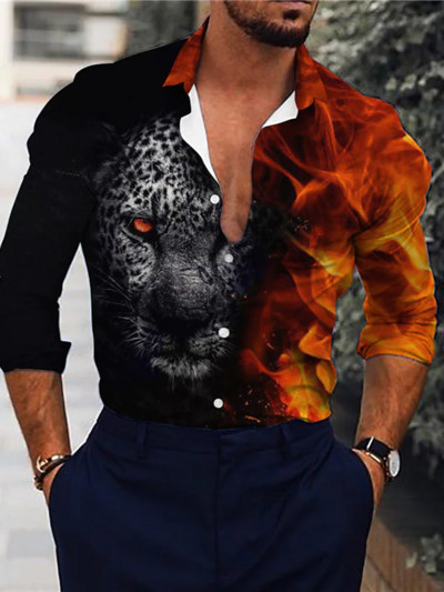 Modna muška košulja s otvorenim ovratnikom, ležerne košulje, crno-bijele majice s printom lavova, dugih rukava, muška odjeća, ulični kardigan