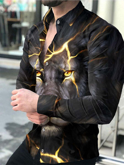 Modna muška košulja s otvorenim ovratnikom, ležerne košulje, crno-bijele majice s printom lavova, dugih rukava, muška odjeća, ulični kardigan