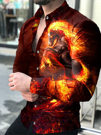 Modna muška košulja s otvorenim ovratnikom, ležerne košulje, crno-bijele majice s printom lavova, dugih rukava, muška odjeća, ulični kardigan