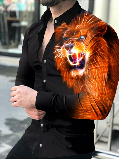 Modna muška košulja s otvorenim ovratnikom, ležerne košulje, crno-bijele majice s printom lavova, dugih rukava, muška odjeća, ulični kardigan