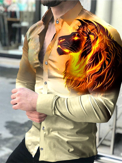 Modna muška košulja s otvorenim ovratnikom, ležerne košulje, crno-bijele majice s printom lavova, dugih rukava, muška odjeća, ulični kardigan