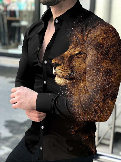 Modna muška košulja s otvorenim ovratnikom, ležerne košulje, crno-bijele majice s printom lavova, dugih rukava, muška odjeća, ulični kardigan