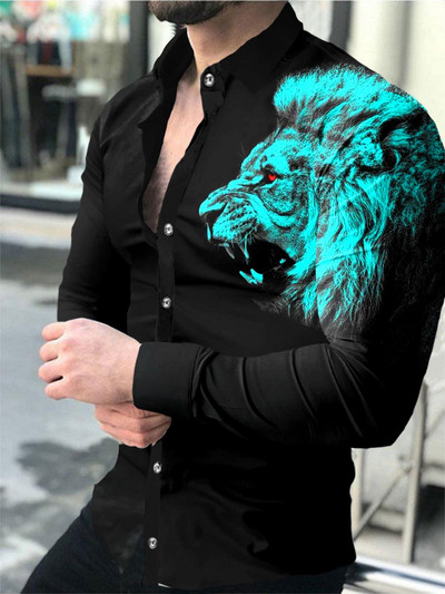 Modna muška košulja s otvorenim ovratnikom, ležerne košulje, crno-bijele majice s printom lavova, dugih rukava, muška odjeća, ulični kardigan