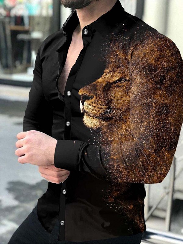 Modna muška košulja s otvorenim ovratnikom, ležerne košulje, crno-bijele majice s printom lavova, dugih rukava, muška odjeća, ulični kardigan
