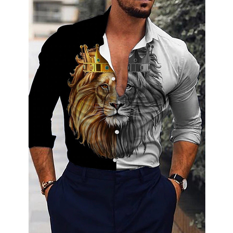 Modna muška košulja s otvorenim ovratnikom, ležerne košulje, crno-bijele majice s printom lavova, dugih rukava, muška odjeća, ulični kardigan