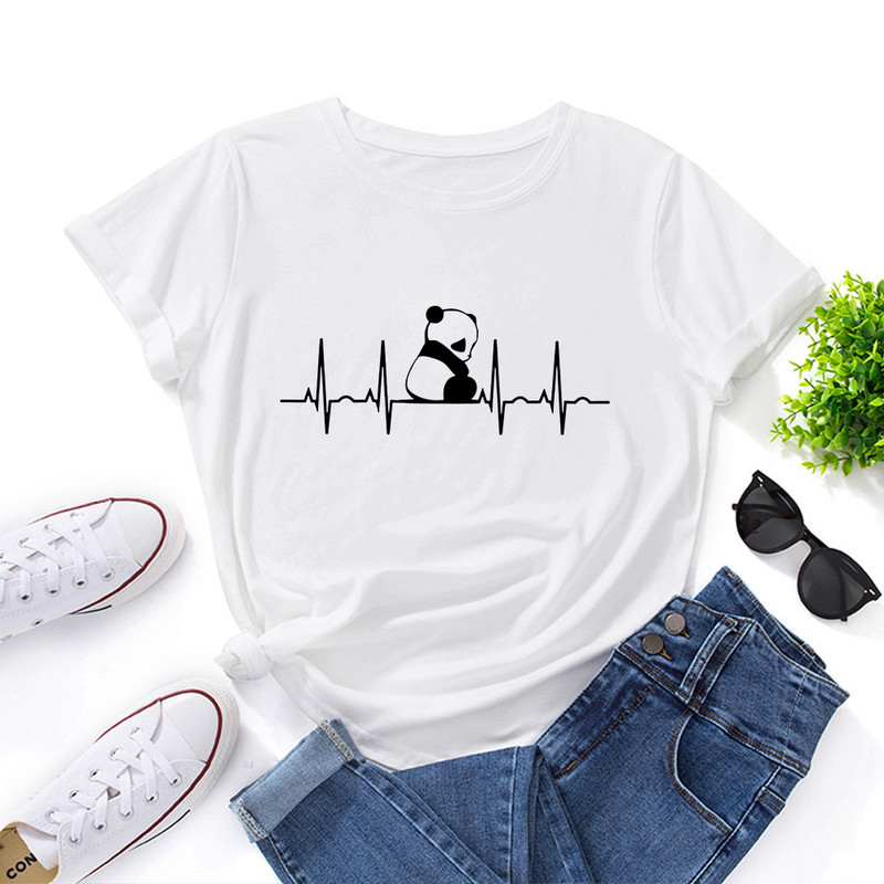 JFUNCY 5XL klasisks sieviešu t-krekls, kokvilnas T-krekls ar O veida kakla izgriezumu, īsām piedurknēm Creative Panda Print Sieviešu vasaras brīvie krekli