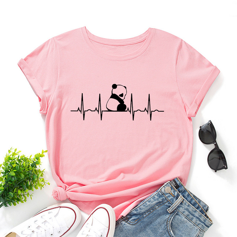 JFUNCY 5XL klasisks sieviešu t-krekls, kokvilnas T-krekls ar O veida kakla izgriezumu, īsām piedurknēm Creative Panda Print Sieviešu vasaras brīvie krekli