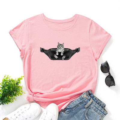 JFUNCY Cute Cat Printed Lielizmēra T-krekli Sieviešu modes T-krekli 2022 Sieviešu krekls ar īsām piedurknēm Topi Vasaras sieviešu apģērbi