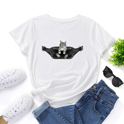 JFUNCY Cute Cat Printed Lielizmēra T-krekli Sieviešu modes T-krekli 2022 Sieviešu krekls ar īsām piedurknēm Topi Vasaras sieviešu apģērbi