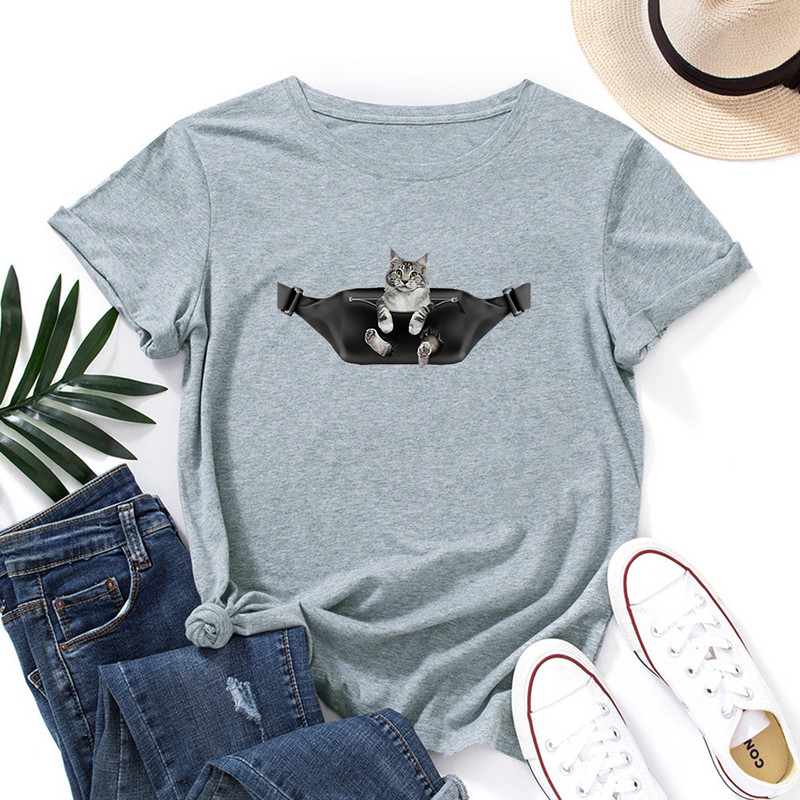 JFUNCY Cute Cat Printed Lielizmēra T-krekli Sieviešu modes T-krekli 2022 Sieviešu krekls ar īsām piedurknēm Topi Vasaras sieviešu apģērbi