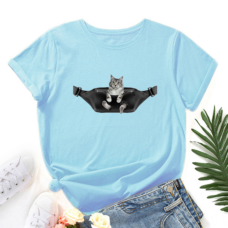 JFUNCY Cute Cat Printed Lielizmēra T-krekli Sieviešu modes T-krekli 2022 Sieviešu krekls ar īsām piedurknēm Topi Vasaras sieviešu apģērbi