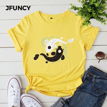 JFUNCY Γυναικείο βαμβακερό μπλουζάκι Tai Chi Yin Yang Fish Print Loose Tee κοντομάνικο Γυναικείο Casual T-shirt Καλοκαιρινό γυναικείο μπλουζάκι