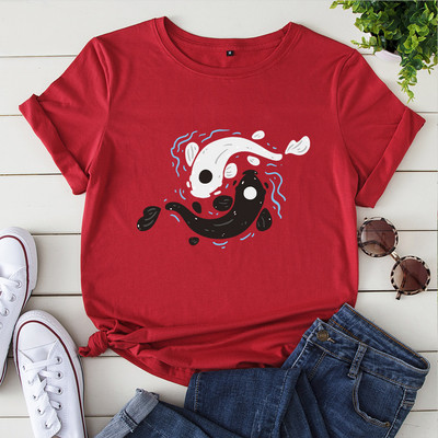 JFUNCY Γυναικείο βαμβακερό μπλουζάκι Tai Chi Yin Yang Fish Print Loose Tee κοντομάνικο Γυναικείο Casual T-shirt Καλοκαιρινό γυναικείο μπλουζάκι