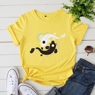 JFUNCY Γυναικείο βαμβακερό μπλουζάκι Tai Chi Yin Yang Fish Print Loose Tee κοντομάνικο Γυναικείο Casual T-shirt Καλοκαιρινό γυναικείο μπλουζάκι